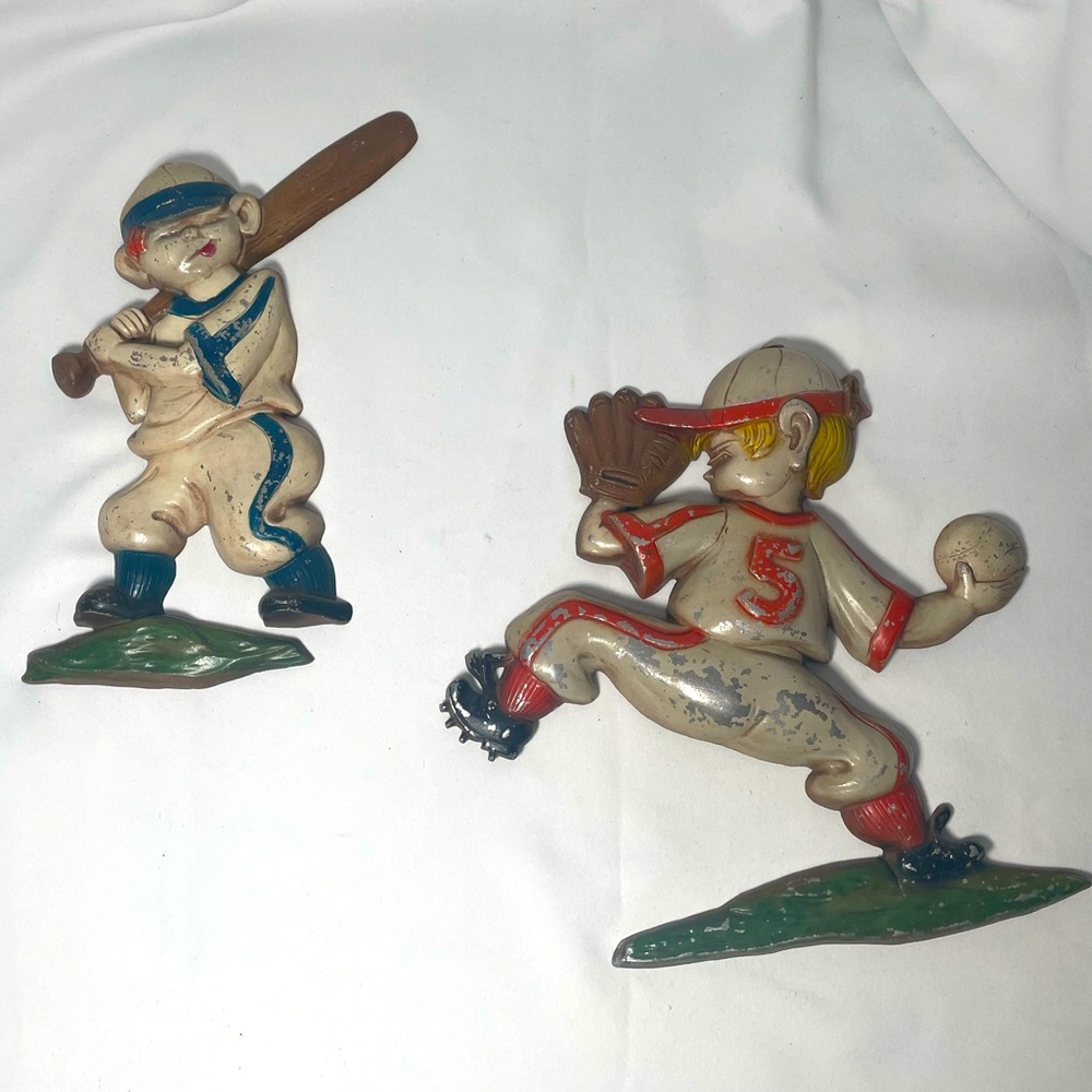 VTG 1970 Sexton Baseball Players Metal Wall Decor Set - pitcher & batter